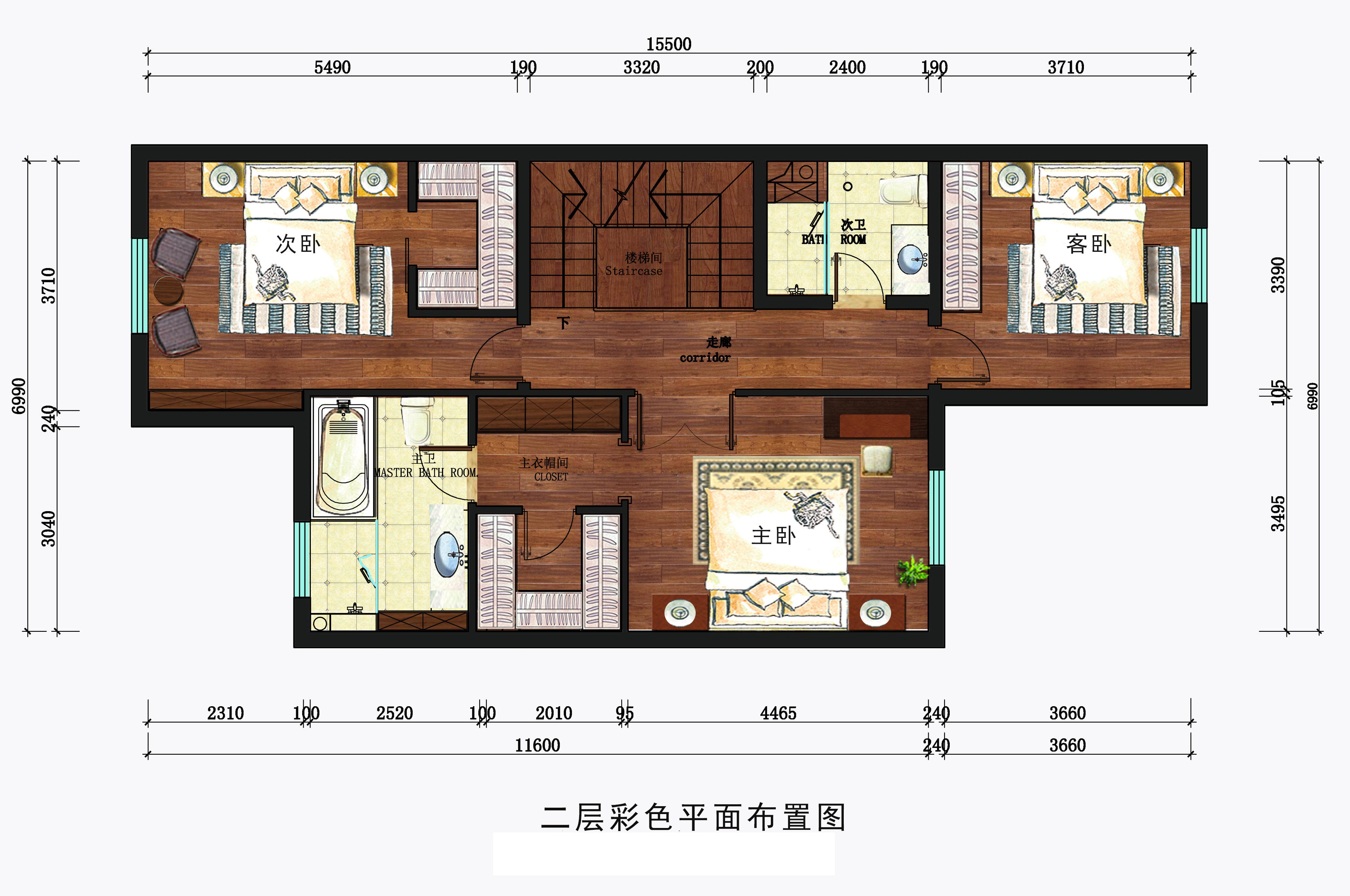 香江别墅二层彩色平面布置图