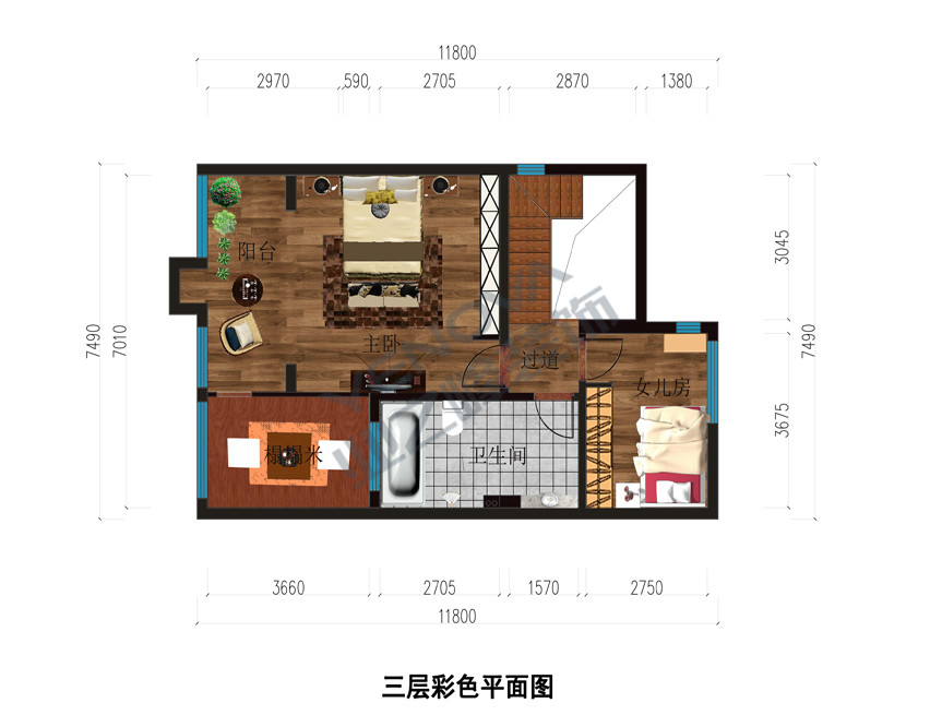 三层彩色平面图