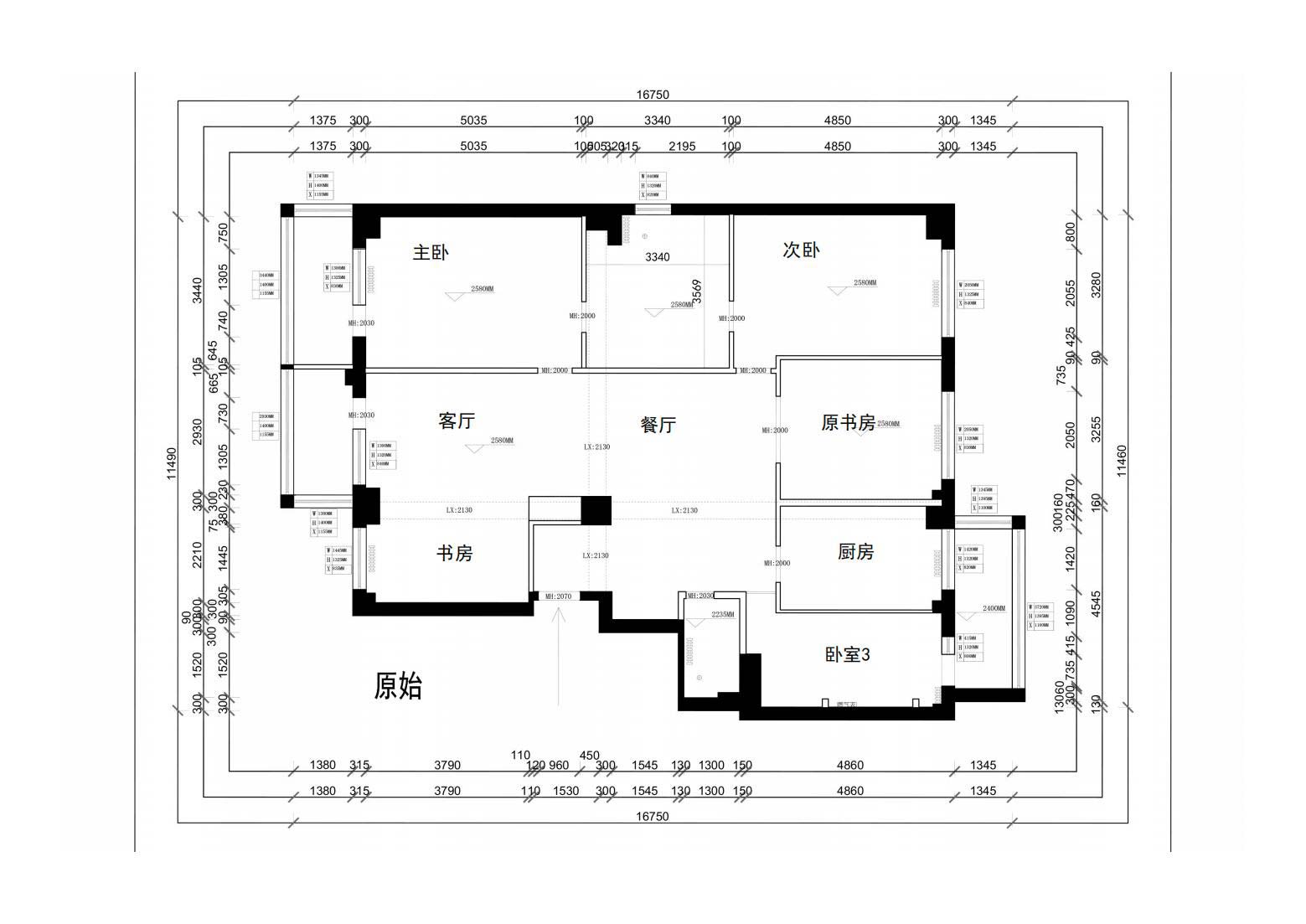 结构图：整体结构规矩，但缺少公共活动空间，分割的比较零碎，房屋高度偏低的同时，有大量的房梁横竖交错，使整体空间很压抑。