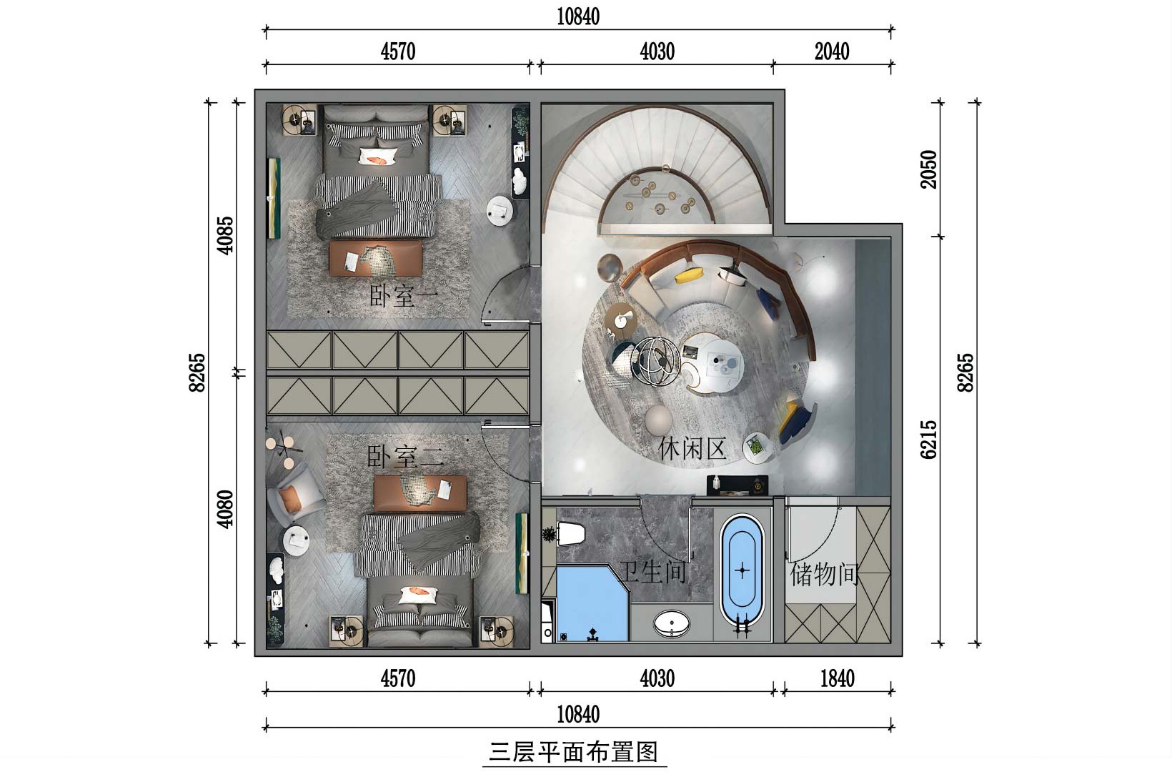 F3彩平图：在原始格局上，搭建楼板，分为两个卧室。将休闲区开放出来，布局方方正正，卫生间设计浴缸，并且在本层设计了小储物间，供业主使用。