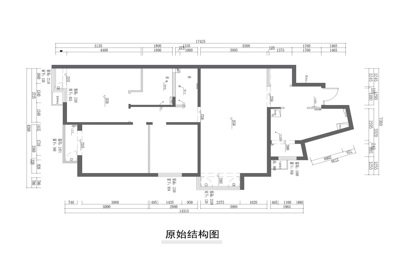 结构图：整体改造基本上拆除了原本的结构面貌，运用借位设计重新布局。