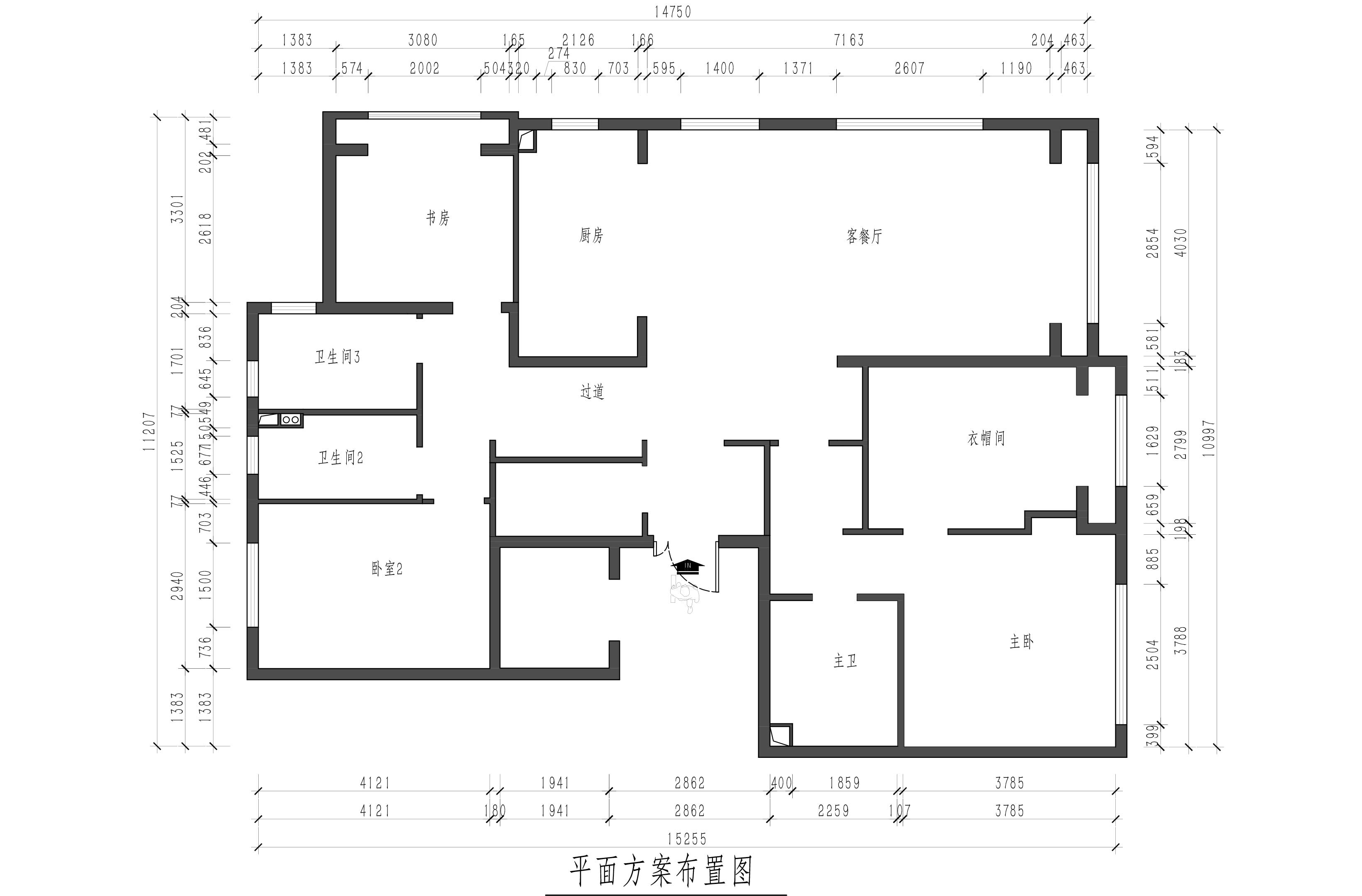 结构图：进门的两个储物间面积太小，南边的两间卧室相距比较近，建议做成套间形式，增大主卧的仪式感和品质。