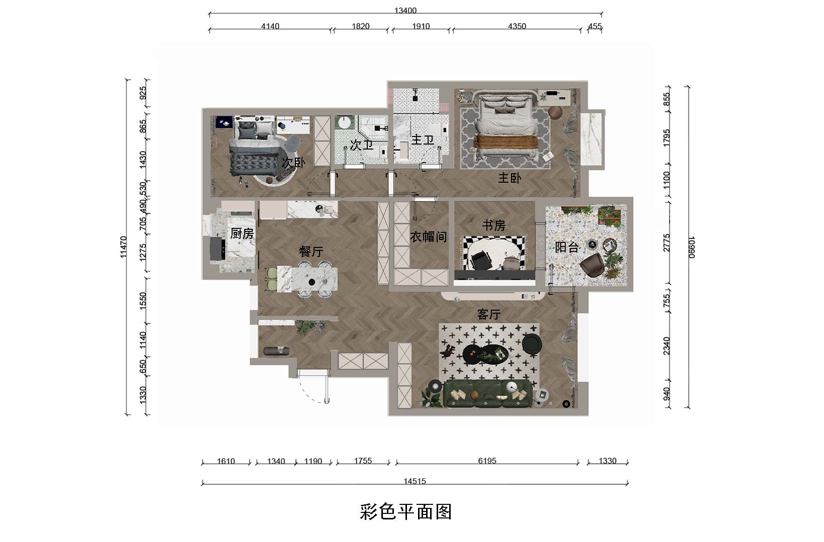 原户型功能区域划分较为合理，采光充足，只有原客卧区域与与阳台隔墙而设。显得稍有昏暗。根据客户的使用需求，此区域规划为书房（下称书房）